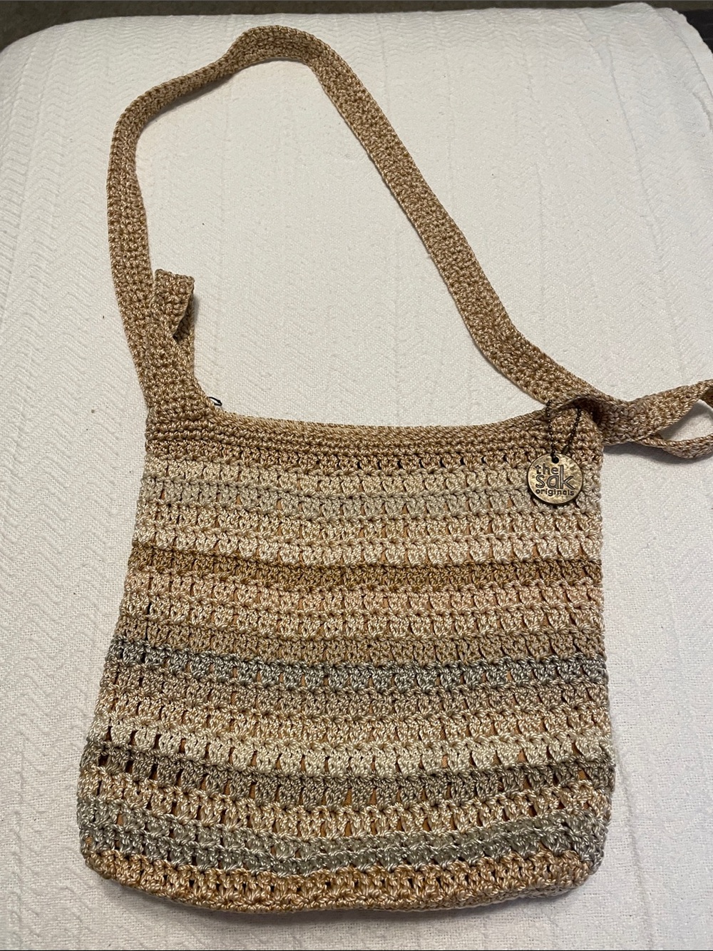 The Sak Crochet Crossbody in Tan and Beige Stripes